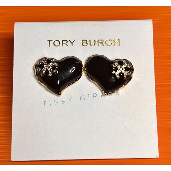 Beautiful Tory Burch Gold & Black Heart Shaped Earrings - Picture 4 of 4